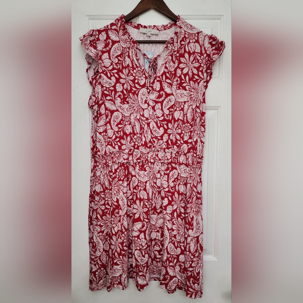 Loft Red/White Floral Shortsleeve Cinched Waist Dress Size XXL Petite NWT!